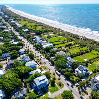 Aerial view of Isle of Palms oceanfront properties and beach